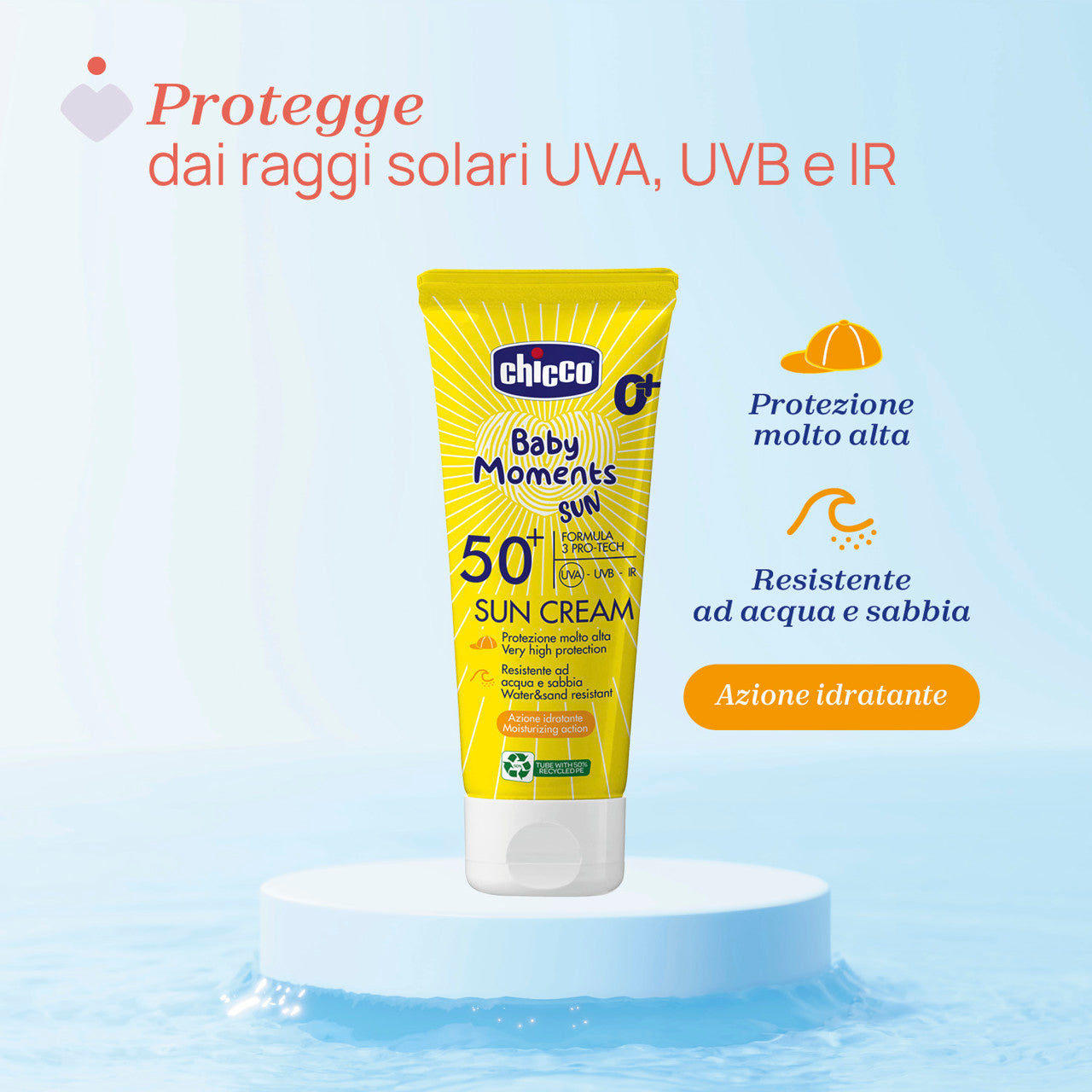 Chicco Crema Solare SPF 50+ 75 ml con protezione molto alta UVA e UVB, ideale per la pelle delicata di neonati e bambini.