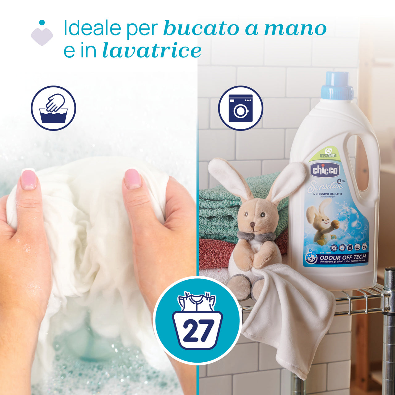 Chicco Detersivo Bucato Sensitive 1,5 L, detergente delicato per il bucato di neonati e bambini, ideale per pelli sensibili e adatto al lavaggio a mano e in lavatrice.