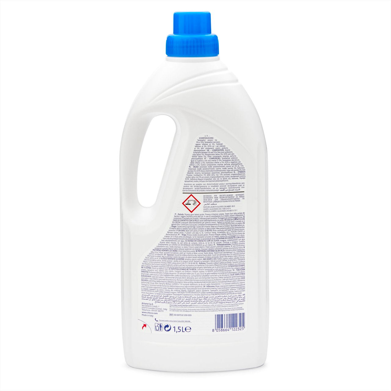 Chicco Detersivo Bucato Sensitive 1,5 L, detergente delicato per il bucato di neonati e bambini, ideale per pelli sensibili e adatto al lavaggio a mano e in lavatrice.