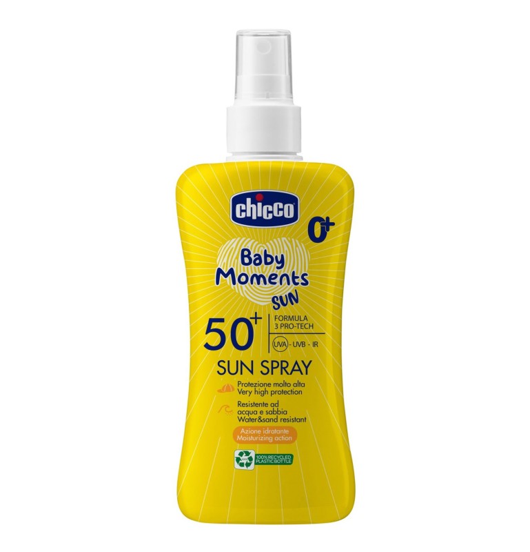 Chicco Latte Solare Spray SPF 50+ 150 ml con protezione molto alta UVA, UVB e infrarossi, ideale per la pelle delicata di neonati e bambini.