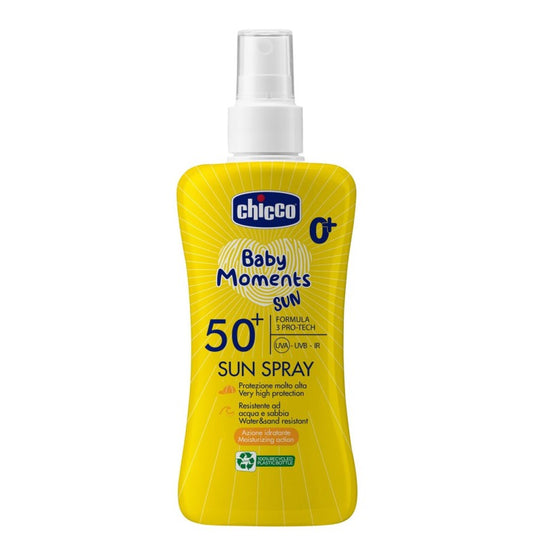 Chicco Latte Solare Spray SPF 50+ 150 ml con protezione molto alta UVA, UVB e infrarossi, ideale per la pelle delicata di neonati e bambini.
