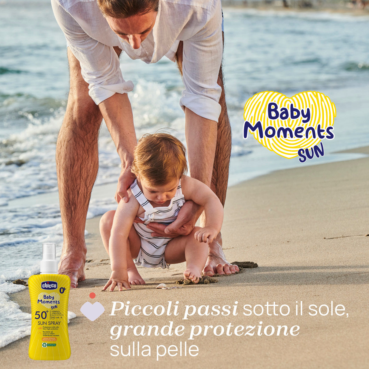 Chicco Latte Solare Spray SPF 50+ 150 ml con protezione molto alta UVA, UVB e infrarossi, ideale per la pelle delicata di neonati e bambini.