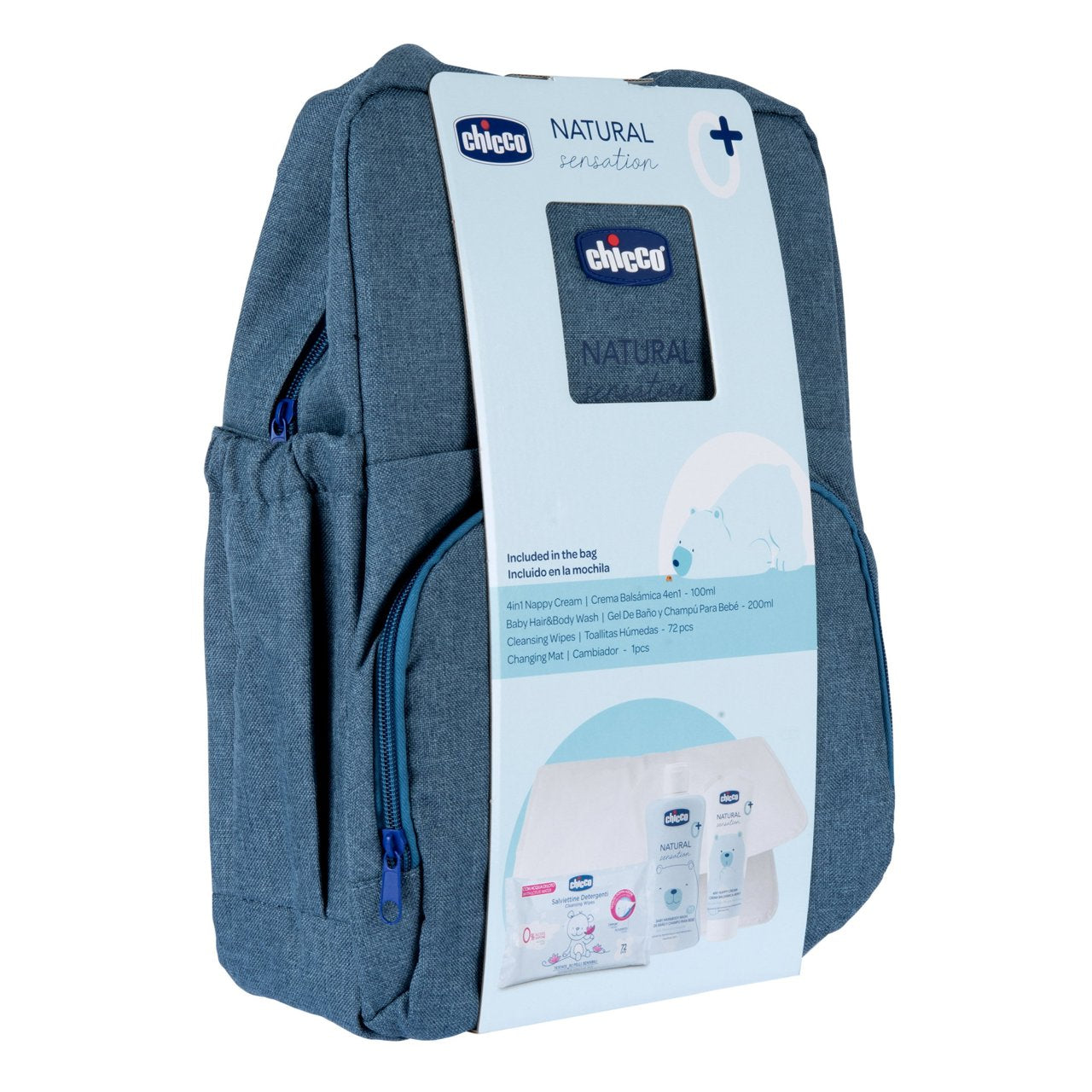 Chicco Natural Zaino con Prodotti Natural Sensation, zaino fasciatoio con detergente corpo e capelli, crema lenitiva, salviette detergenti e fasciatoio pieghevole.