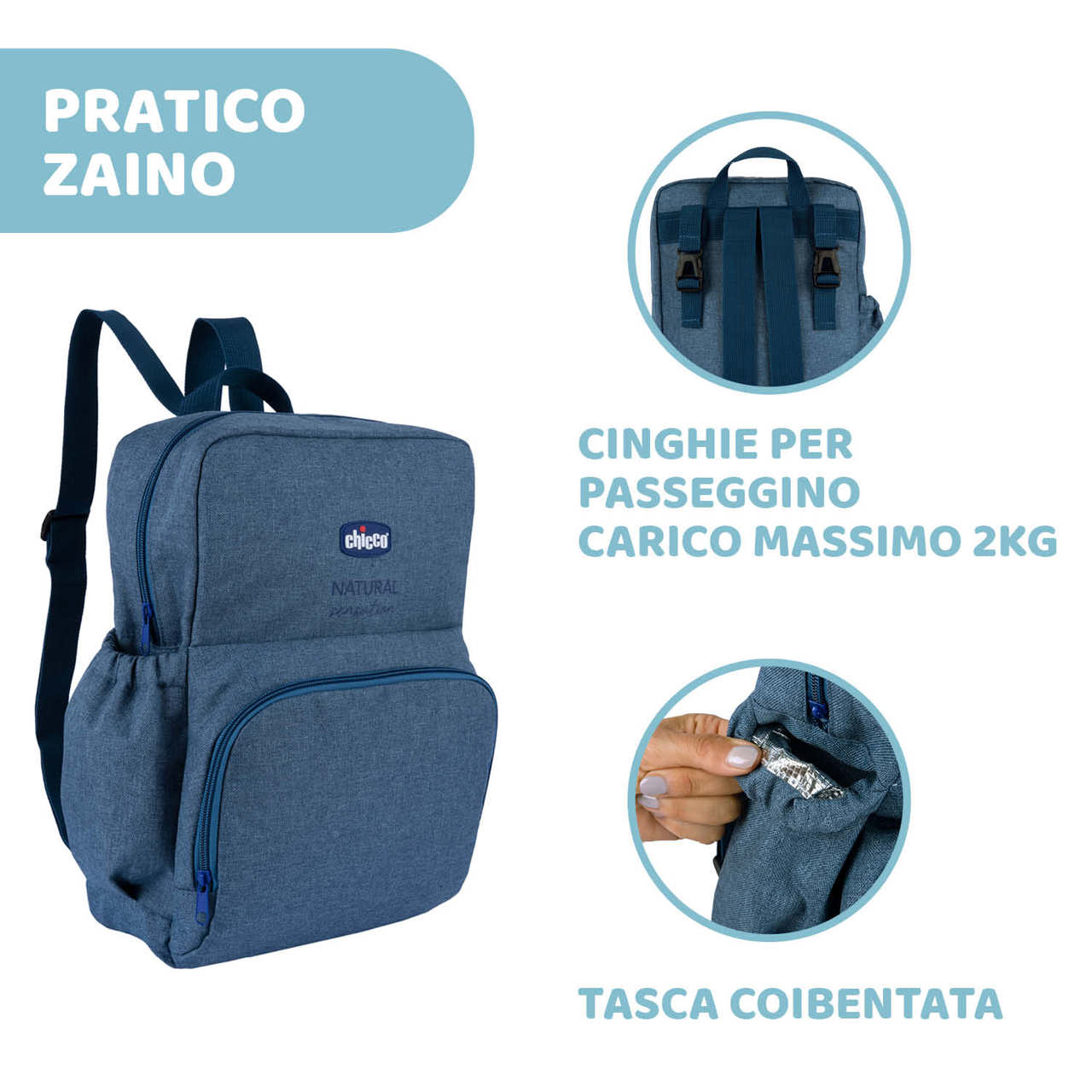 Chicco Natural Zaino con Prodotti Natural Sensation, zaino fasciatoio con detergente corpo e capelli, crema lenitiva, salviette detergenti e fasciatoio pieghevole.