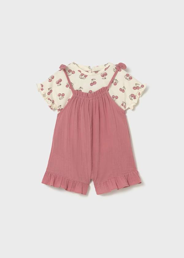 Completo neonata con salopette rosa e t-shirt ciliegie Mayoral