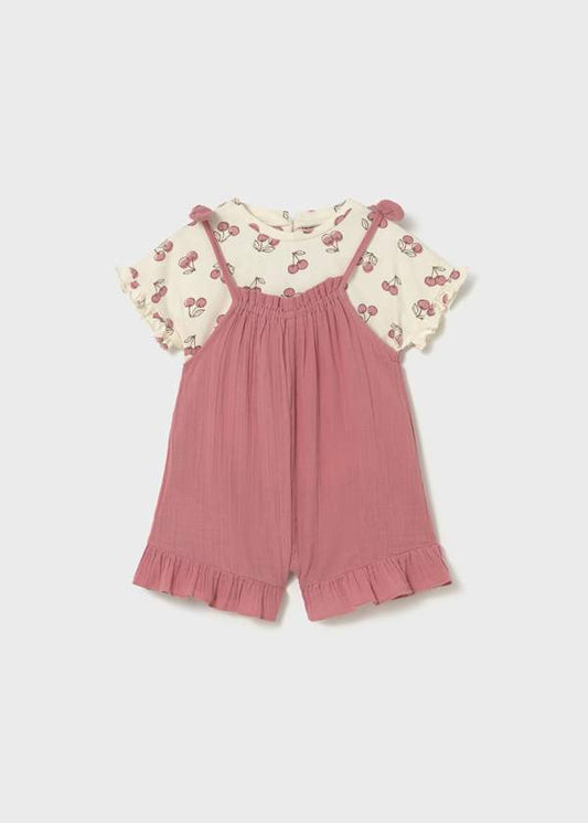 Completo neonata con salopette rosa e t-shirt ciliegie Mayoral