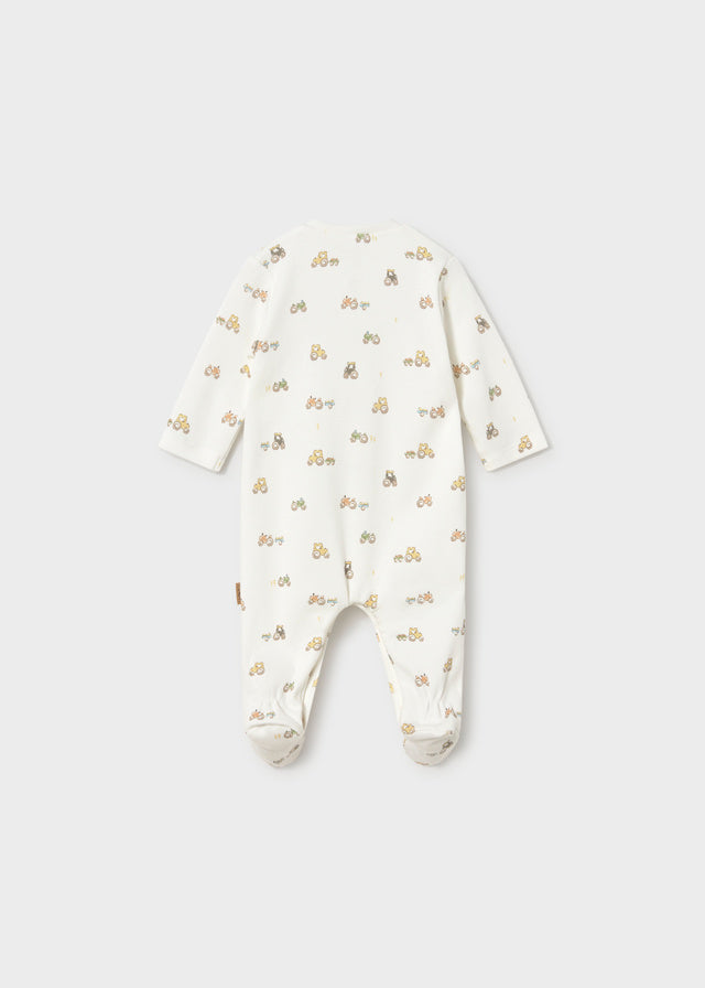 Retro tutina neonato Mayoral color écru con fantasia di trattorini e maniche lunghe