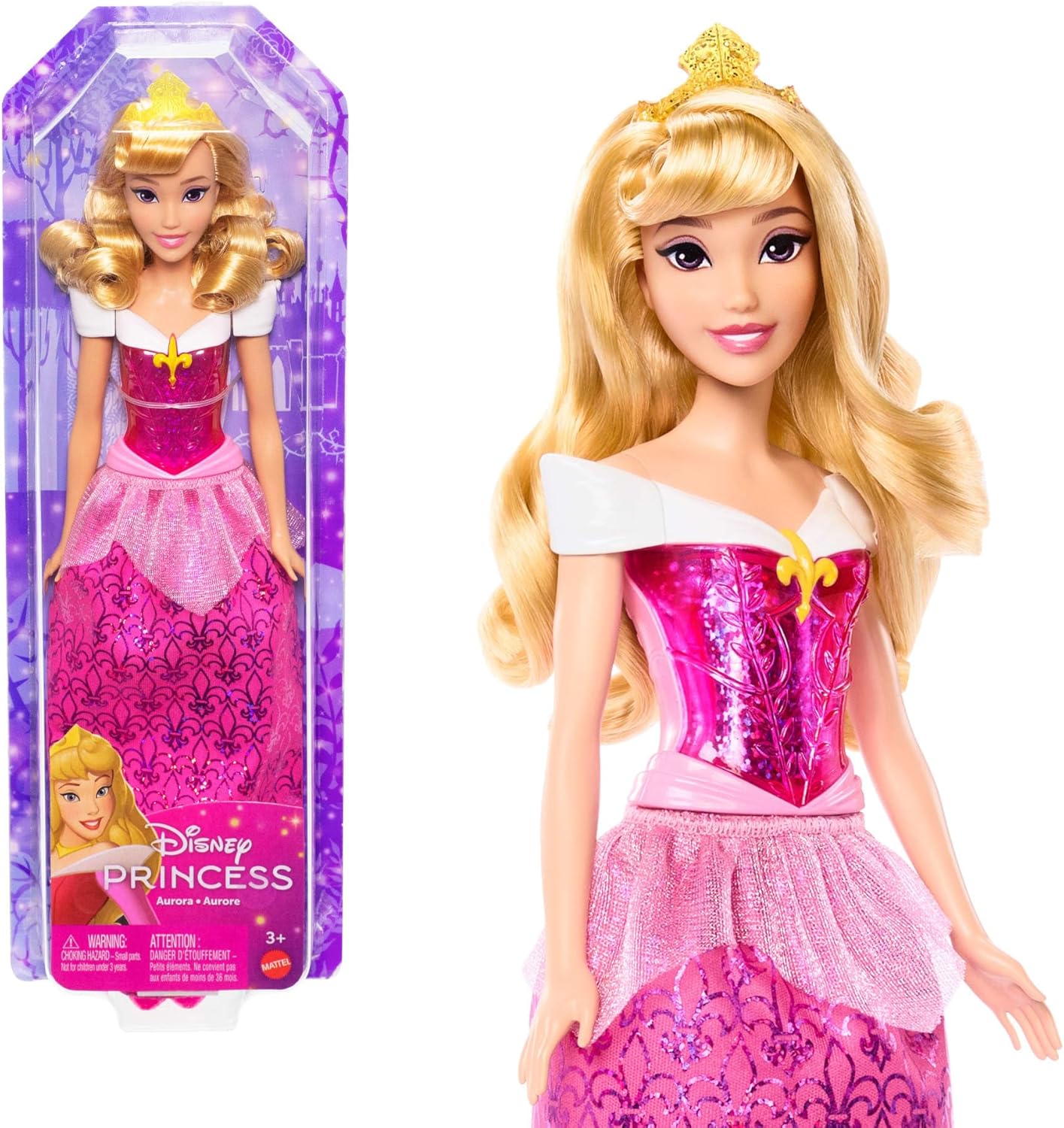 Disney Princess Aurora Bambola Mattel con abito rosa scintillante, lunghi capelli biondi e accessori ispirati al film Disney La Bella Addormentata nel Bosco.