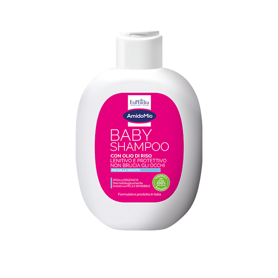 Euphidra AmidoMio Baby Shampoo con olio di riso da 200 ml con confezione rosa e flacone bianco.