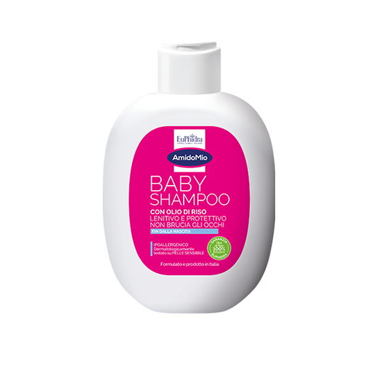 Euphidra AmidoMio Baby Shampoo con olio di riso da 200 ml con confezione rosa e flacone bianco.
