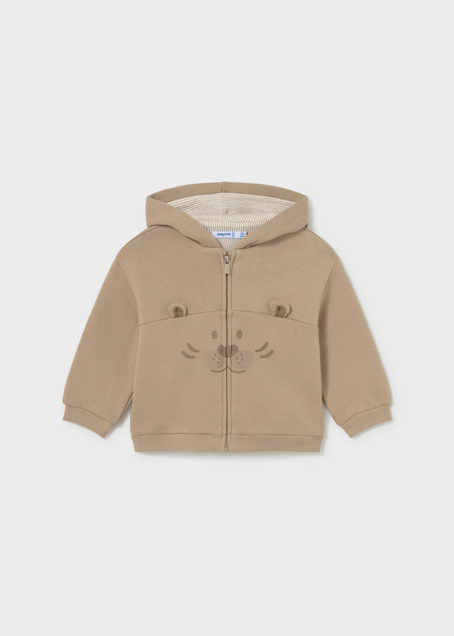 Felpa con Zip e Cappuccio Nocciola con Animaletto Neonato Mayoral