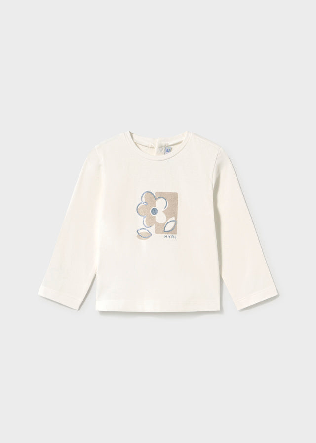 Maglia neonata Mayoral a manica lunga color panna con fiore frontale