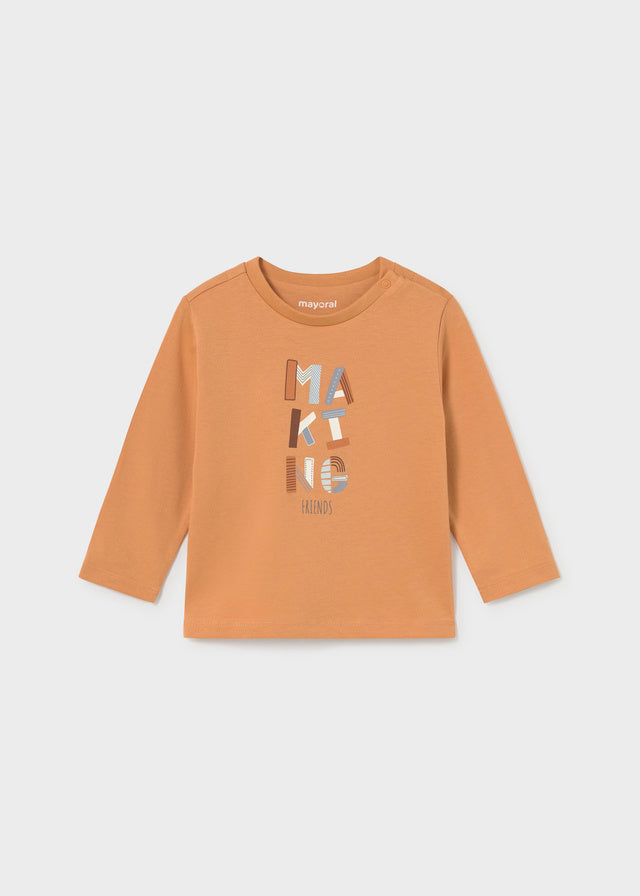 Maglia neonato Mayoral a manica lunga color arancio cammello con stampa frontale