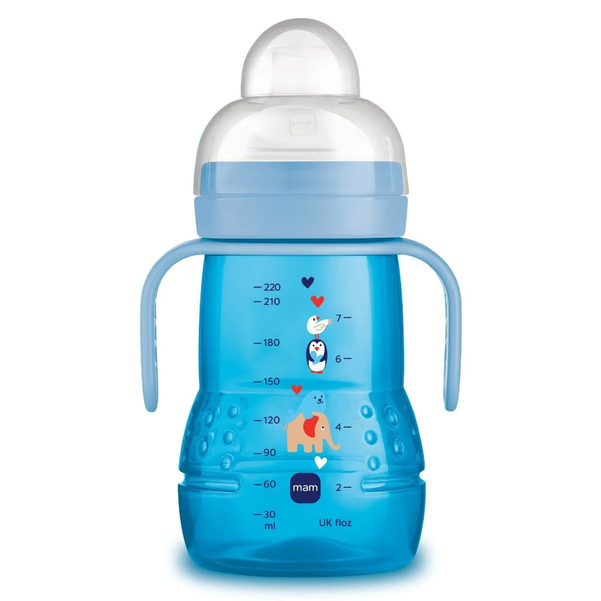MAM Tazza Trainer 220 ml Azzurra con manici ergonomici, tettarella SkinSoft™ e sistema antigoccia per bambini dai 4 mesi.