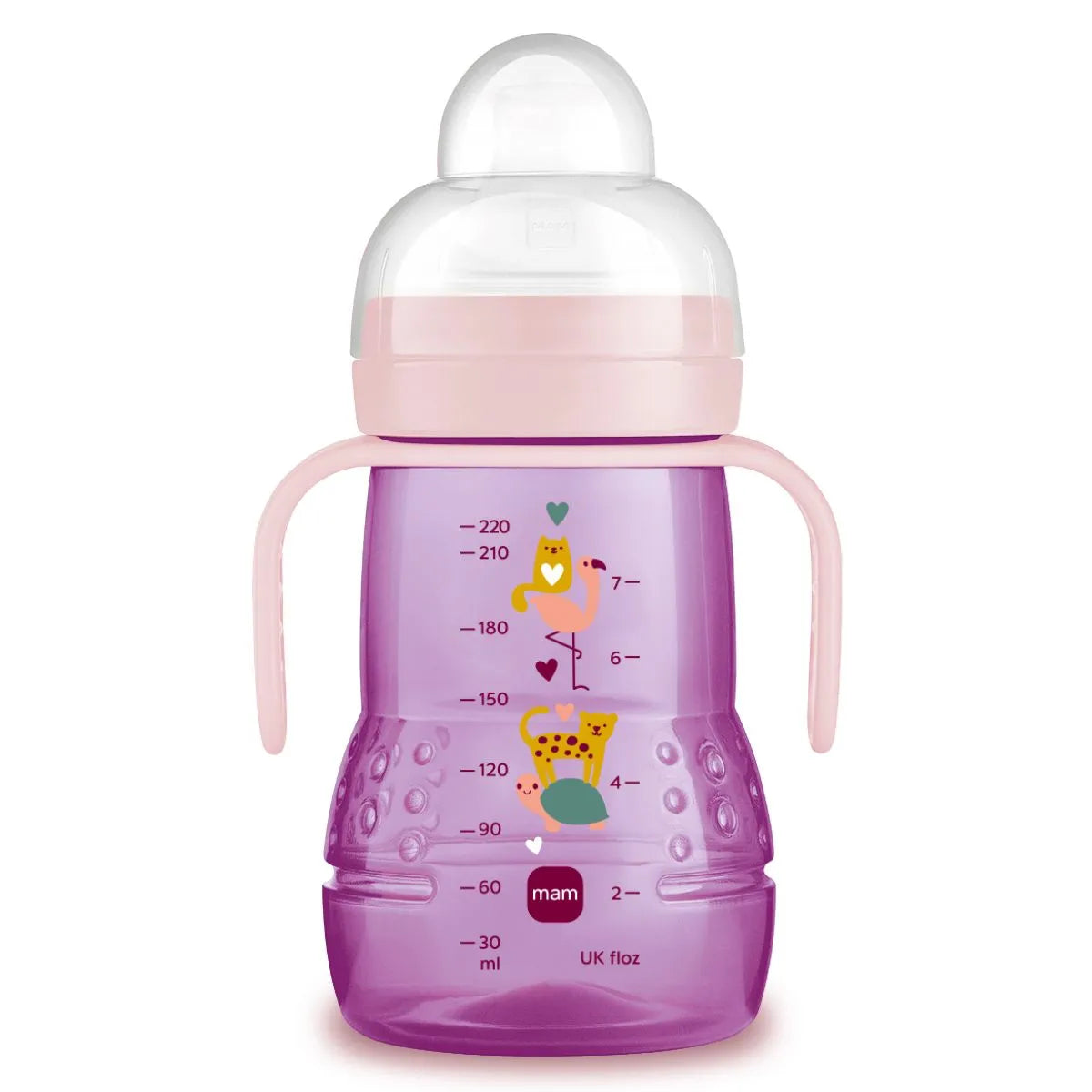 MAM Tazza Trainer 220 ml Rosa con manici ergonomici, tettarella SkinSoft™ e sistema antigoccia per bambini dai 4 mesi.