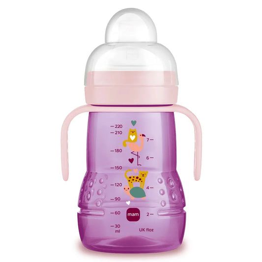 MAM Tazza Trainer 220 ml Rosa con manici ergonomici, tettarella SkinSoft™ e sistema antigoccia per bambini dai 4 mesi.