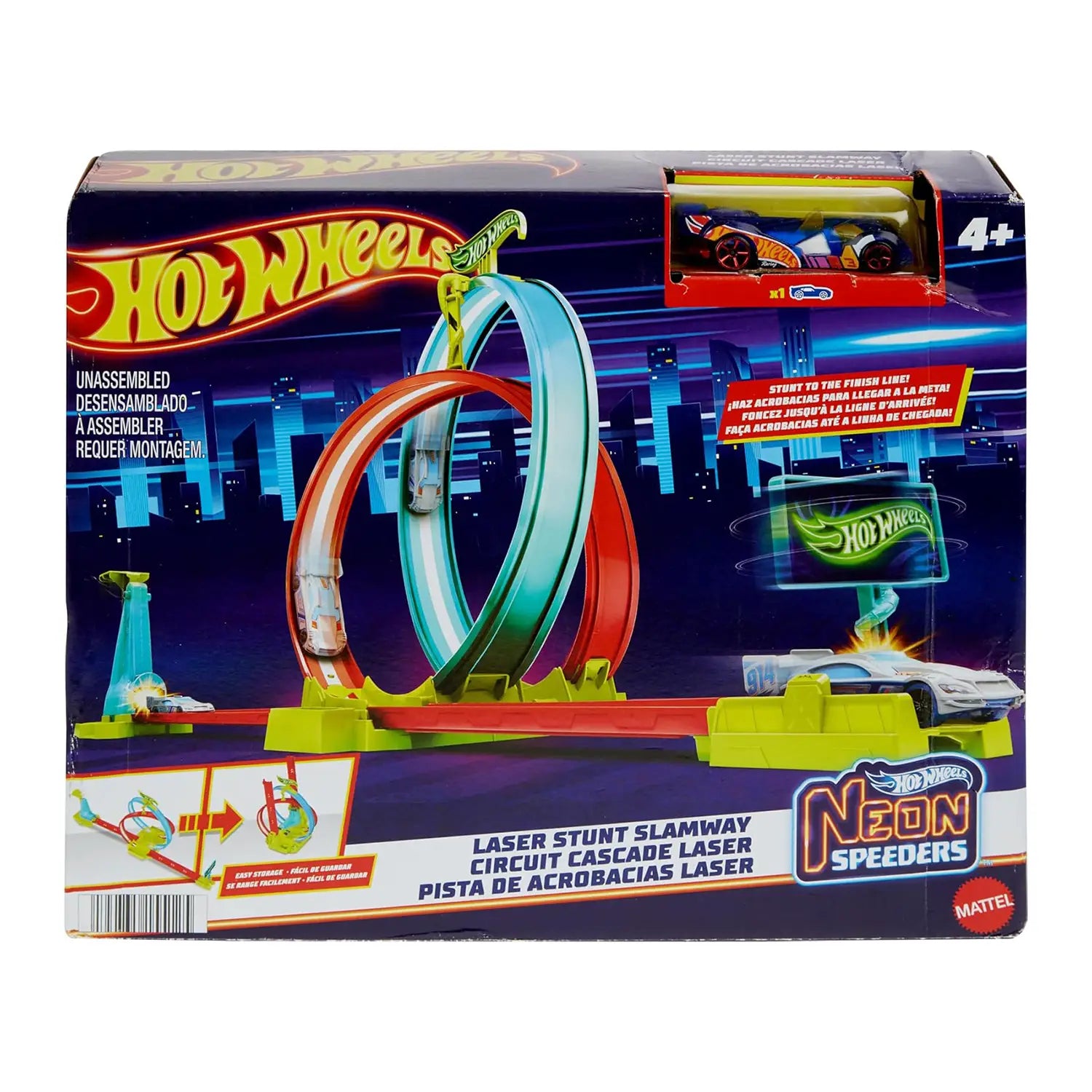 Mattel Hot Wheels Neon Speeders Laser Stunt Slamway, pista acrobatica con doppio giro della morte e macchinina Hot Wheels inclusa, ideale per bambini dai 4 anni.