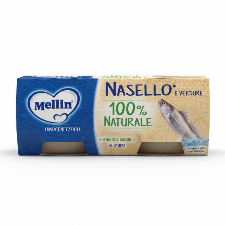 Mellin Omogeneizzato Pesce Nasello 2 x 80 g, omogeneizzato per lo svezzamento con nasello selezionato, ideale per preparare pappe nutrienti.