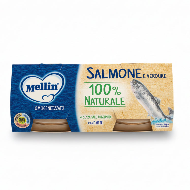 Mellin Omogeneizzato Pesce Salmone 2 x 80 g, omogeneizzato per lo svezzamento con salmone selezionato, ideale per preparare pappe nutrienti.