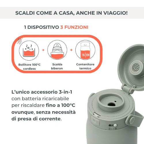 Nuvita Hot'n'Go Bollitore Scaldalatte Portatile 1190 con batteria ricaricabile, display digitale e temperatura regolabile per preparare il latte del neonato ovunque.