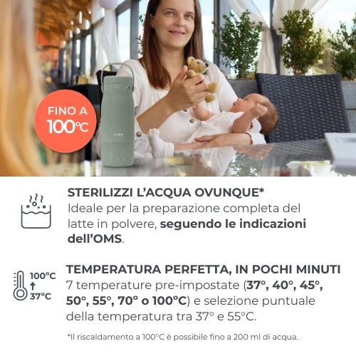 Nuvita Hot'n'Go Bollitore Scaldalatte Portatile 1190 con batteria ricaricabile, display digitale e temperatura regolabile per preparare il latte del neonato ovunque.