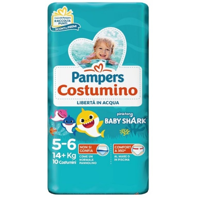 Pampers Costumino Pannolino Misura 5-6 per bambini oltre 14 kg, confezione da 10 pezzi con grafica Baby Shark, ideale per mare e piscina.