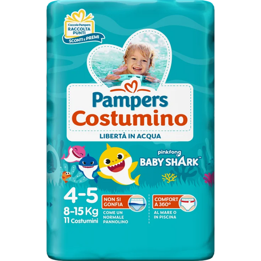 Pampers Costumino Pannolino Misura 4-5 per bambini da 8 a 15 kg, confezione da 11 pezzi con grafica Baby Shark, ideale per mare e piscina.
