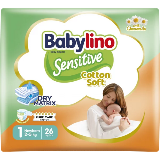 Confezione di pannolini Babylino Sensitive Taglia 1 Newborn da 2 a 5 kg, 26 pezzi.
