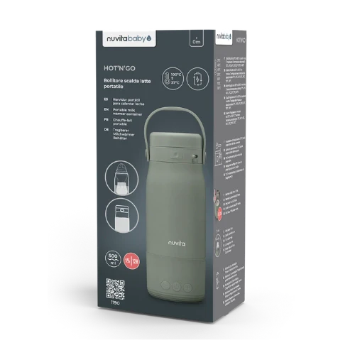 Nuvita Hot'n'Go Bollitore Scaldalatte Portatile 1190 con batteria ricaricabile, display digitale e temperatura regolabile per preparare il latte del neonato ovunque.
