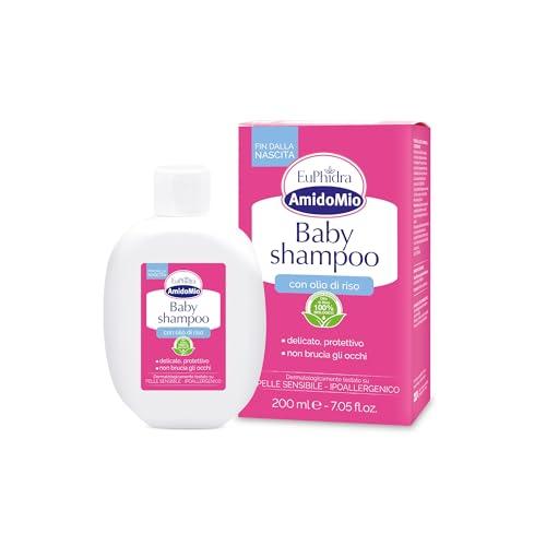 Euphidra AmidoMio Baby Shampoo con olio di riso da 200 ml con confezione rosa e flacone bianco.