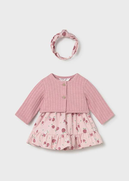Completo neonata con abito stampa pesche e cardigan + fascia Mayoral