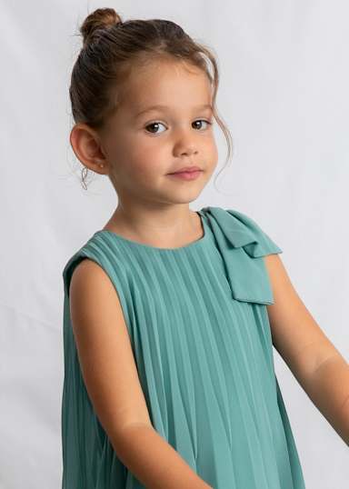 Abito bambina plissettato verde acqua con fiocco Mayoral